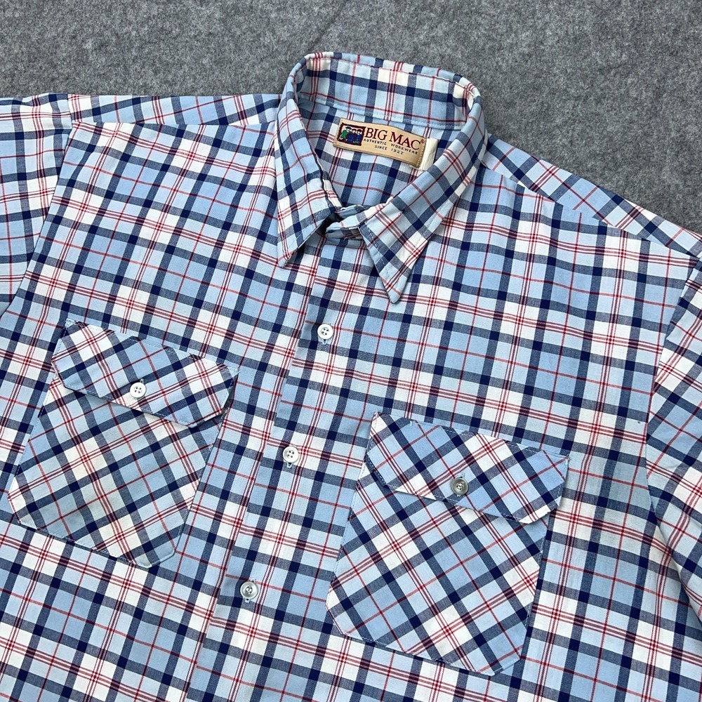 VTG‎ Big Mac Shirt Mens XL Tall Blue Plaid Short Sleeve Button Up Work USA 90s